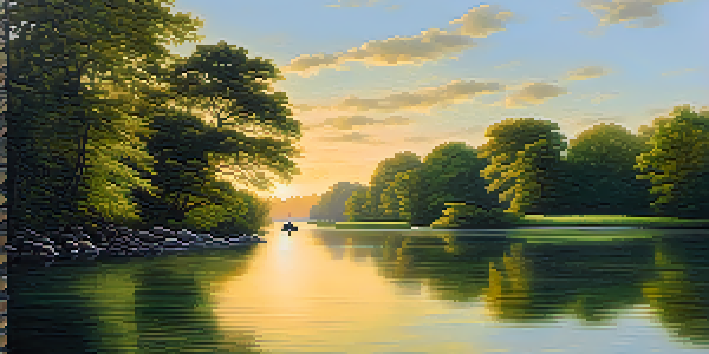 A serene river at sunrise with golden reflections and a small boat, representing emotional agility and adaptability.