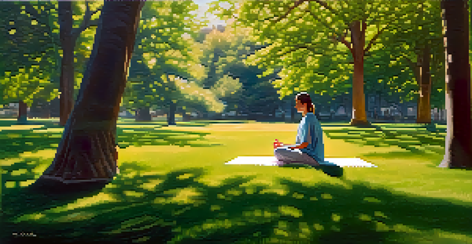 A person sitting cross-legged on grass in a park, surrounded by flowers and trees, practicing mindfulness with a calm expression.