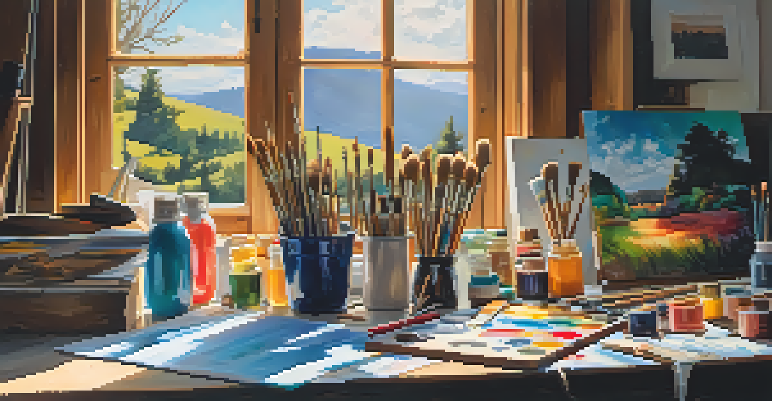 An artist's studio with paints and a partially completed landscape painting, illuminated by sunlight.