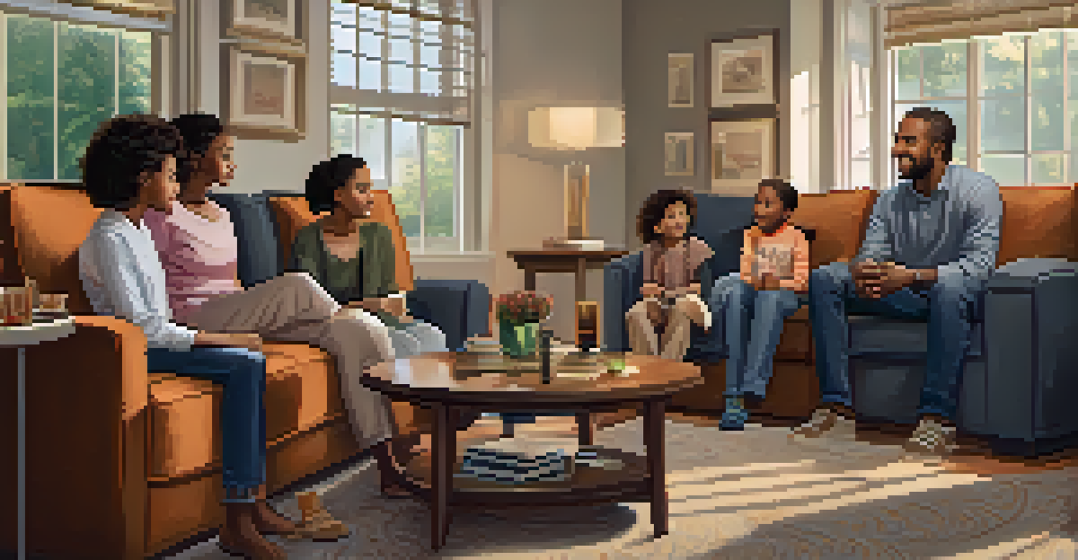 A family sitting in a cozy living room discussing their feelings with empathy and understanding.