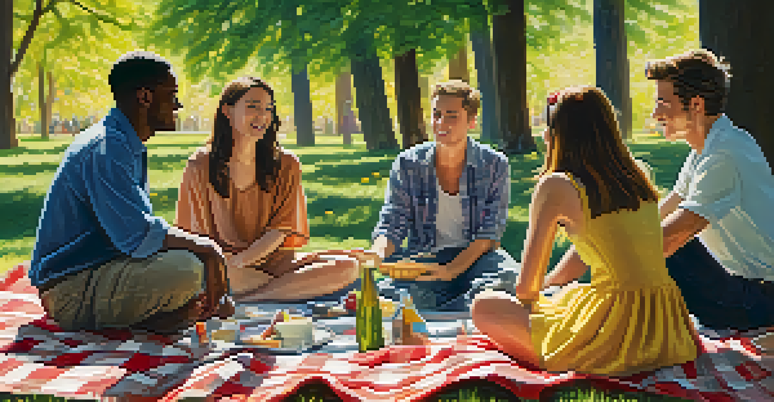 Friends sitting on a picnic blanket in a park, actively listening to each other with expressions of engagement and empathy.