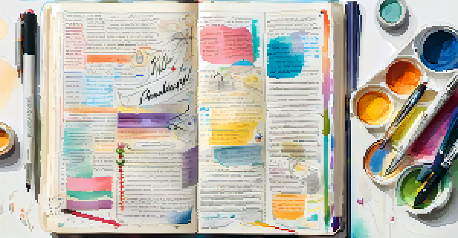A close-up view of an open journal page with handwritten notes, doodles, and a paintbrush, showcasing a mix of writing and art.