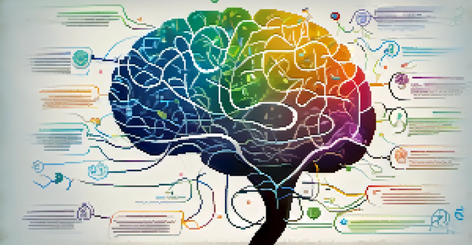 A colorful mind map showcasing a central brain icon with branches connecting to various symbols and keywords, set against a gradient background.
