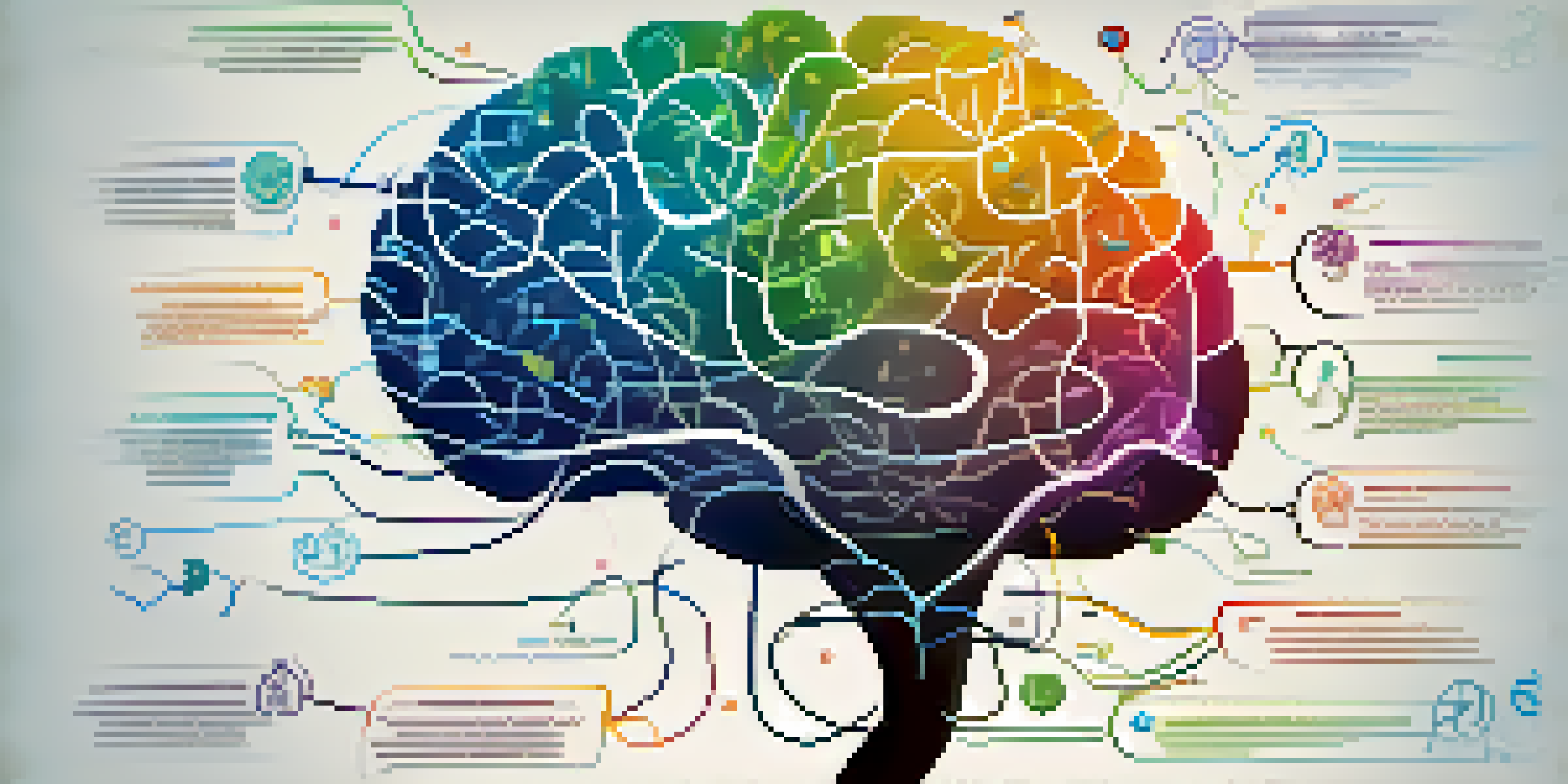 A colorful mind map showcasing a central brain icon with branches connecting to various symbols and keywords, set against a gradient background.
