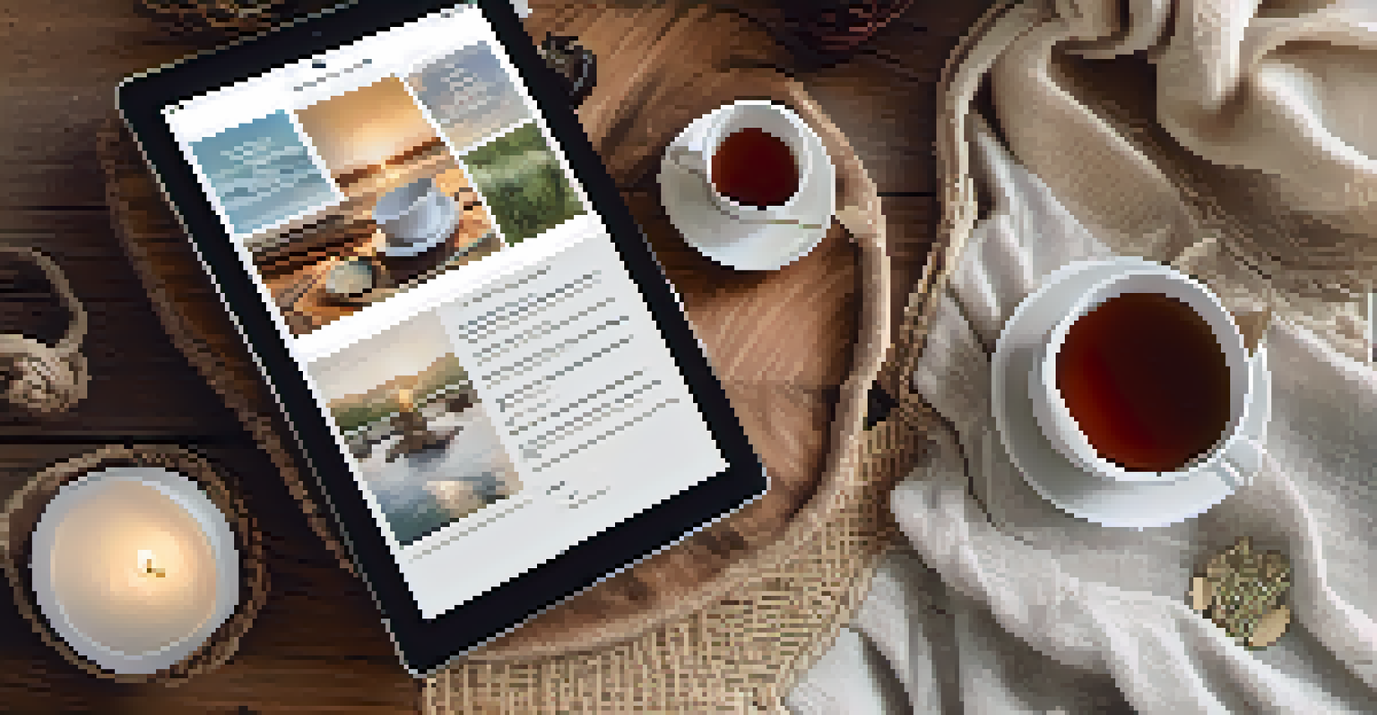 A digital vision board on a tablet surrounded by a cozy setting with a cup of tea.