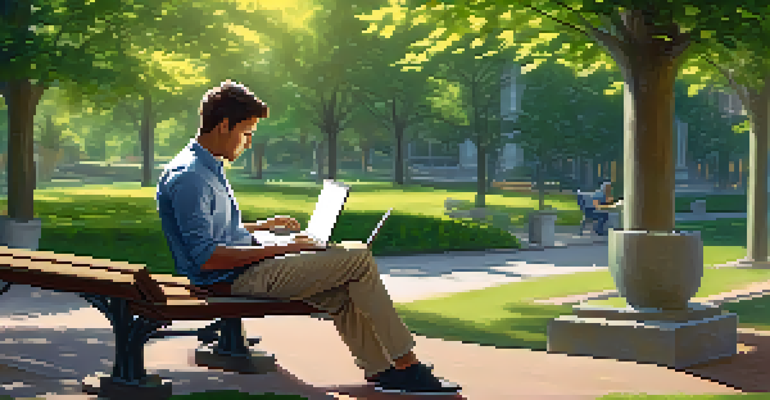 An individual sitting on a park bench with a laptop and notebook, practicing Agile time management in a serene outdoor setting with greenery and sunlight.