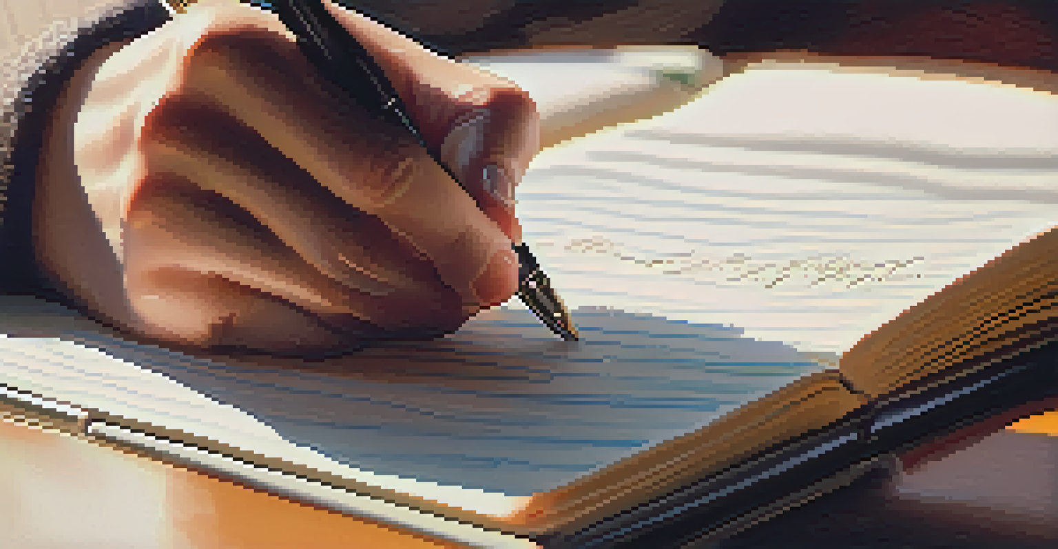 A close-up of a hand writing in a journal with a fountain pen, surrounded by stationery and a potted plant in warm light.
