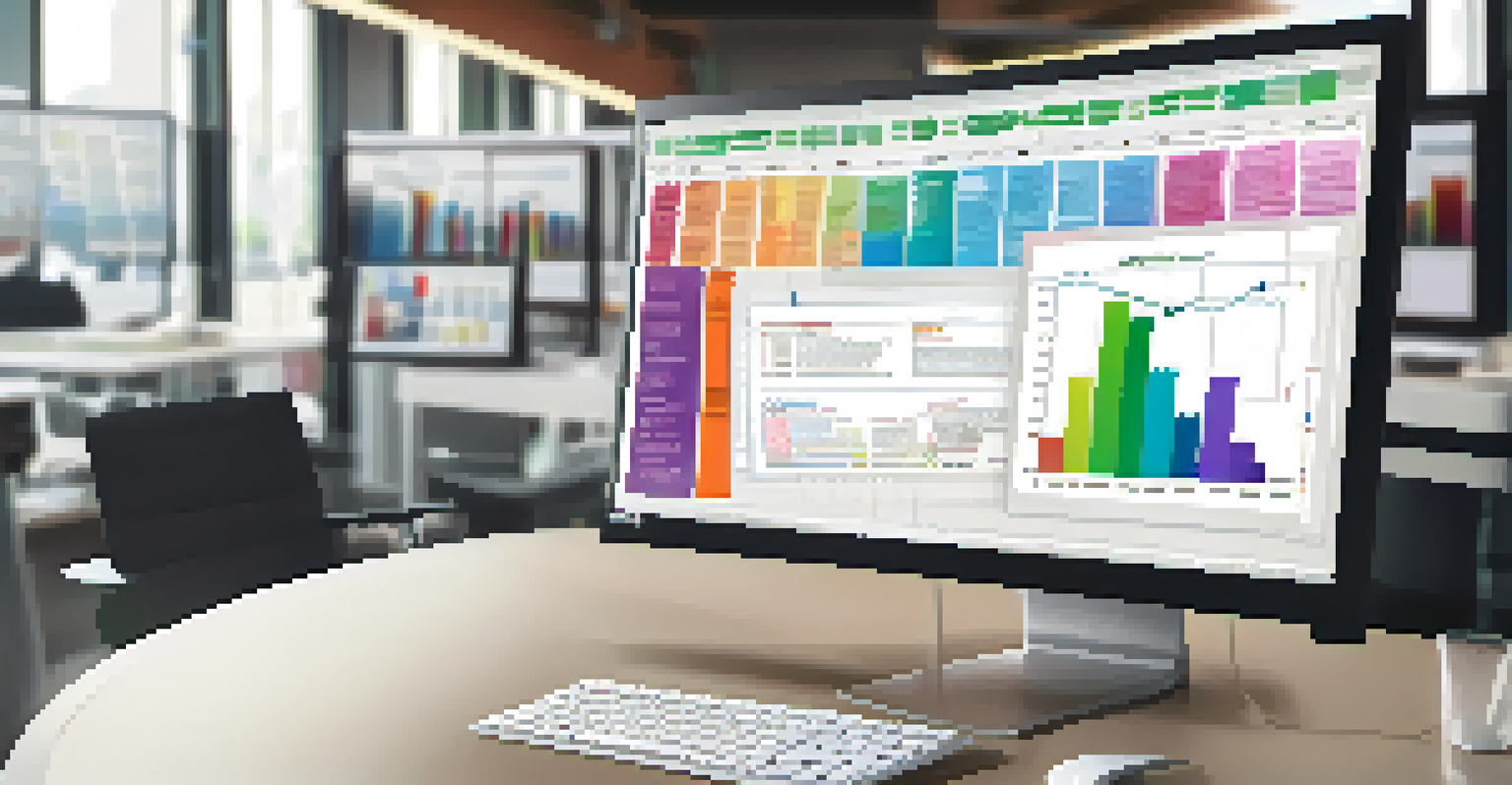 Close-up of a computer screen showing a change management plan with colorful charts and timelines, set against a blurred office background.