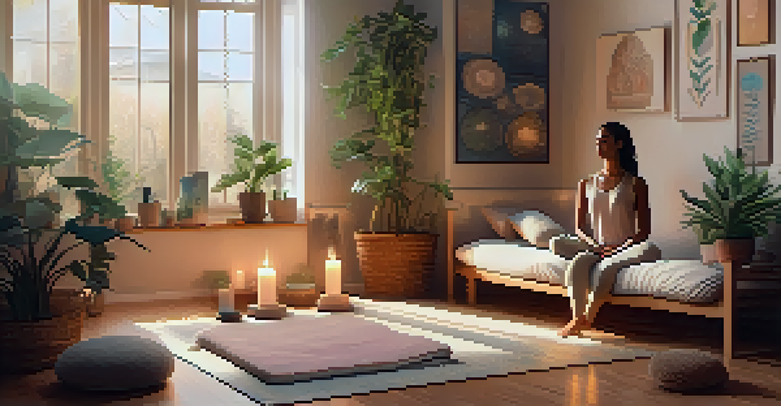 A person meditating indoors in a cozy space filled with candles and plants.
