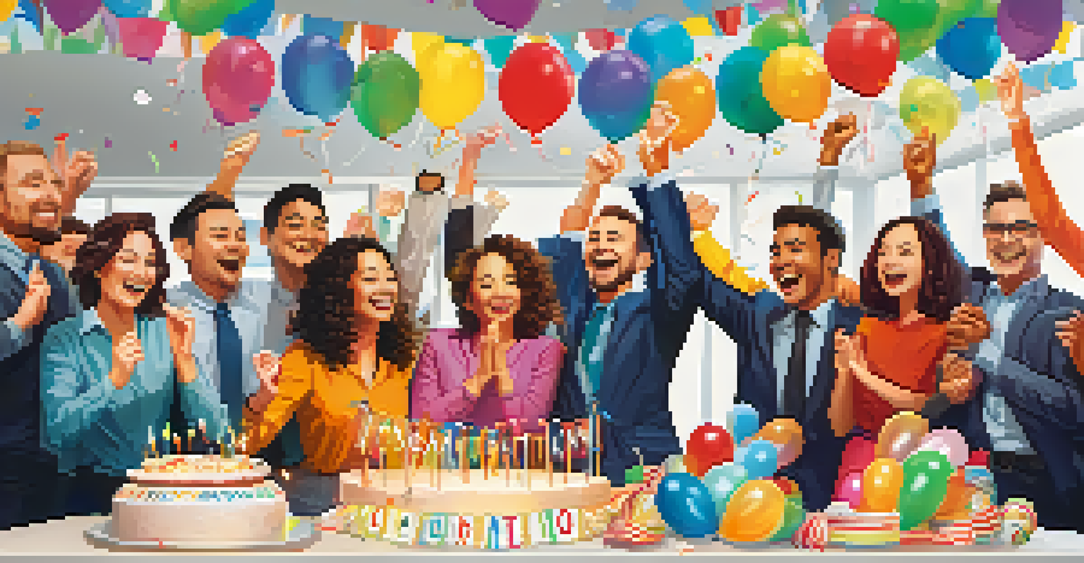 A team celebrating success with balloons and a cake in a festive office environment.