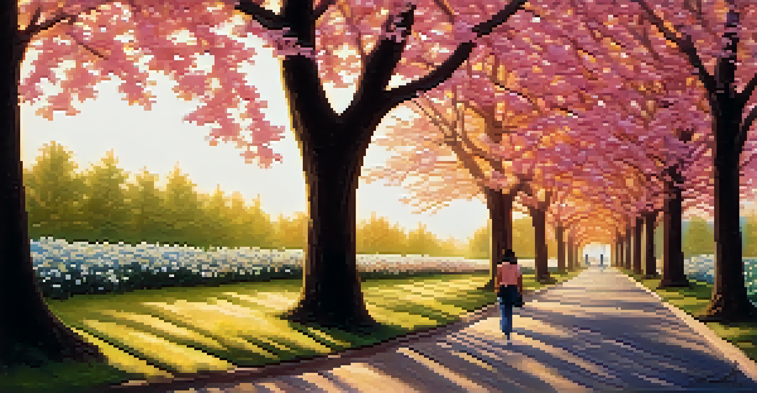 A peaceful park with a jogging person, trees, flowers, and a golden sunset.