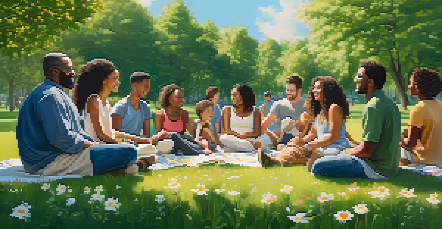 A group of diverse individuals sitting in a circle in a park, sharing gratitude with smiles, surrounded by blooming flowers and trees.