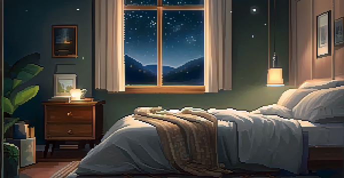 A cozy bedroom at night with soft lighting, a comfortable bed, a book, and a cup of tea, set against a starry sky outside the window.