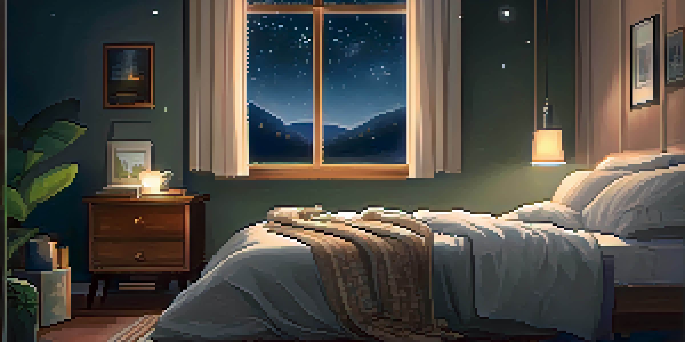 A cozy bedroom at night with soft lighting, a comfortable bed, a book, and a cup of tea, set against a starry sky outside the window.