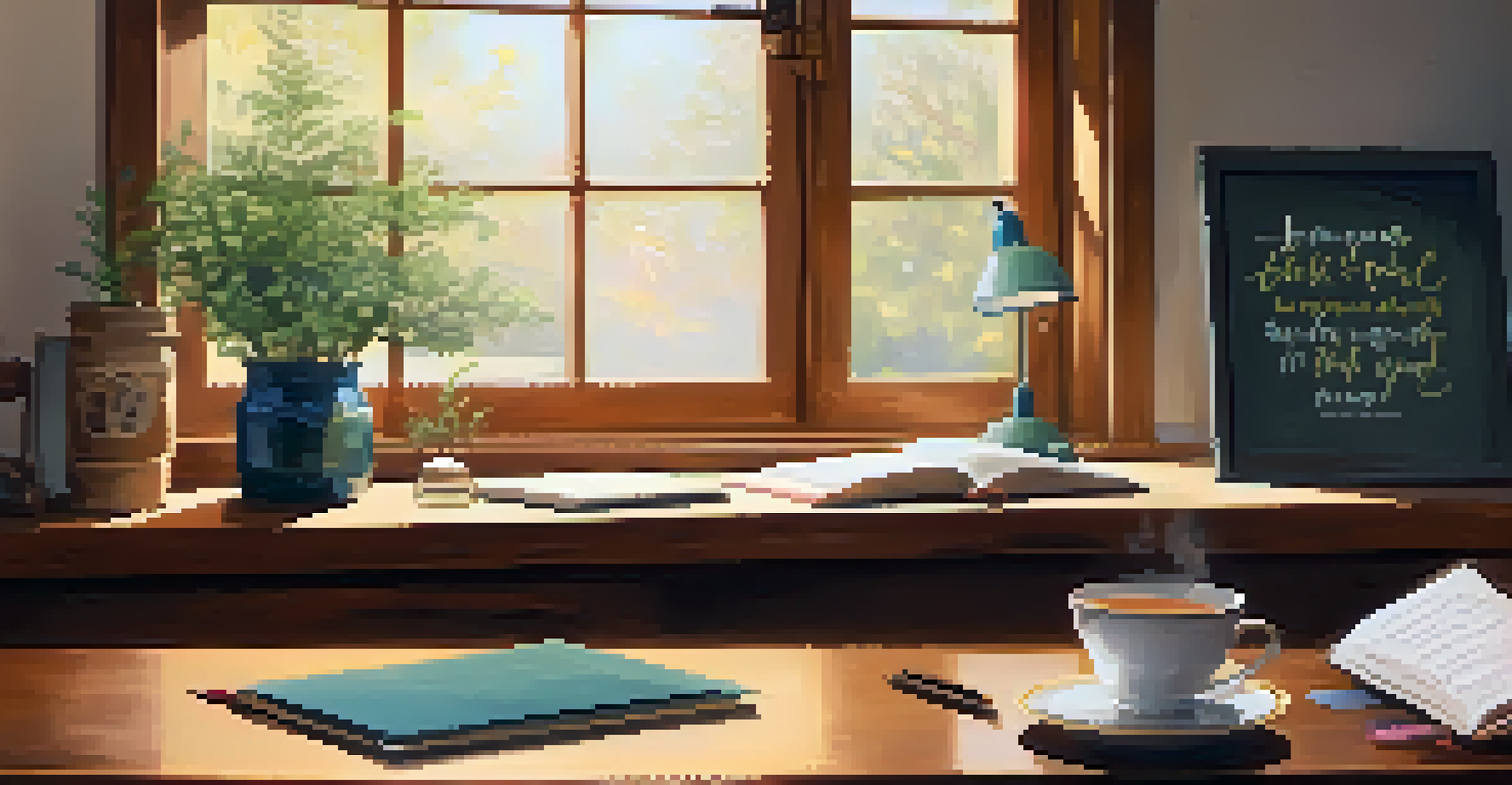 A warm and inviting workspace with a motivational quote, a notebook of affirmations, and a cup of tea on a wooden desk.