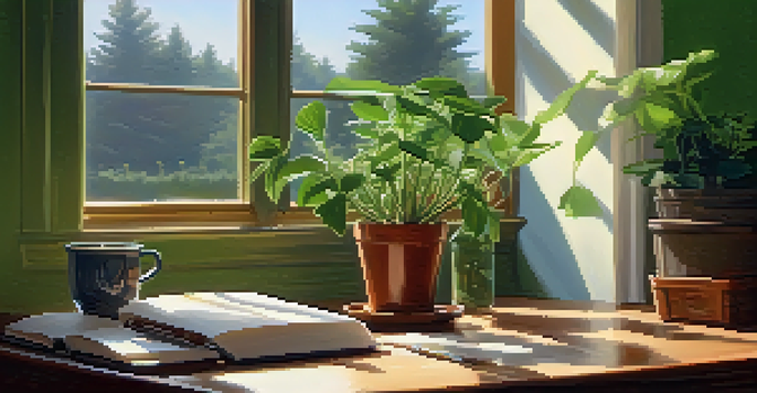 A cozy workspace with a wooden desk, a notebook, a cup of herbal tea, and a potted plant, bathed in soft morning light.