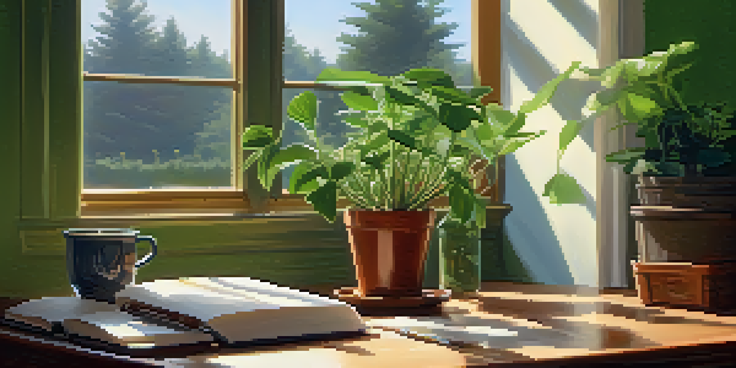 A cozy workspace with a wooden desk, a notebook, a cup of herbal tea, and a potted plant, bathed in soft morning light.