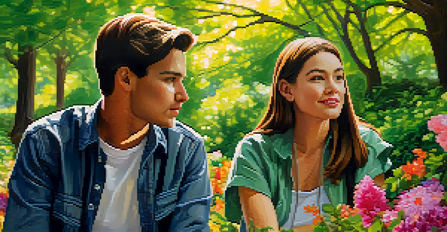 Two people in a park, one speaking and the other listening attentively, displaying empathy and understanding.