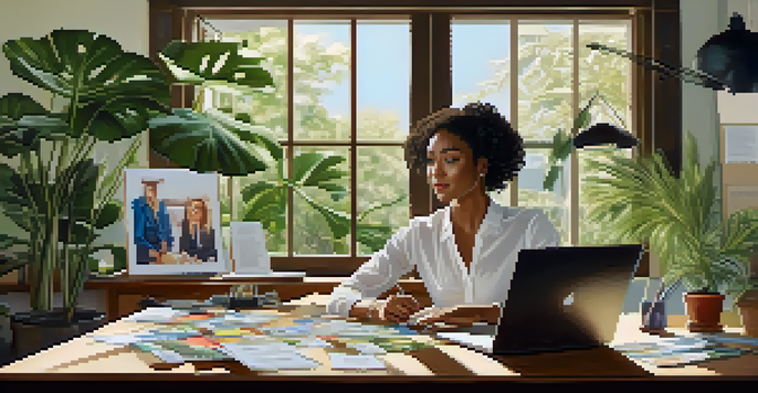 A professional woman at a desk with a laptop, surrounded by plants and branding materials, with sunlight streaming through a window.