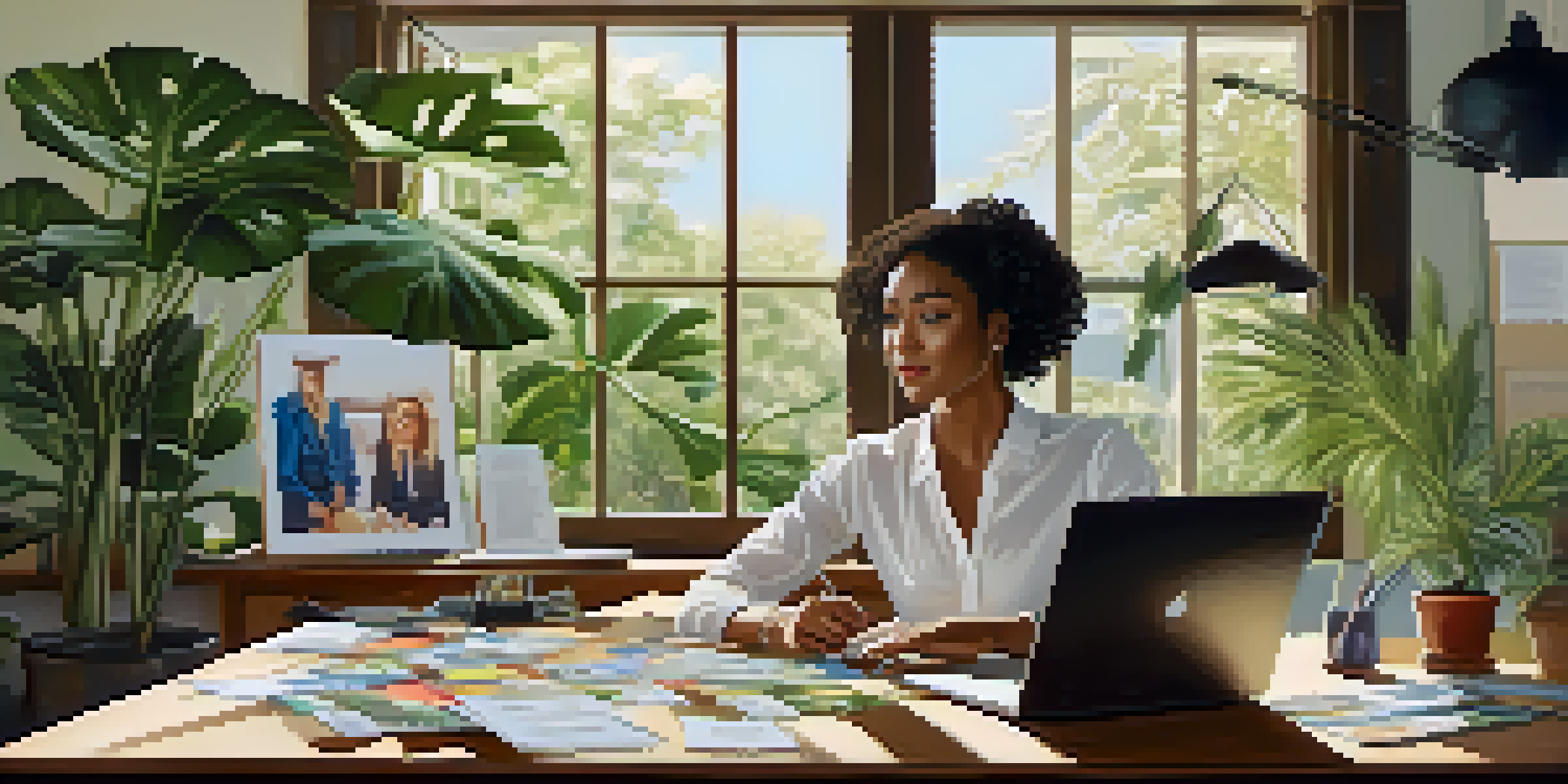 A professional woman at a desk with a laptop, surrounded by plants and branding materials, with sunlight streaming through a window.