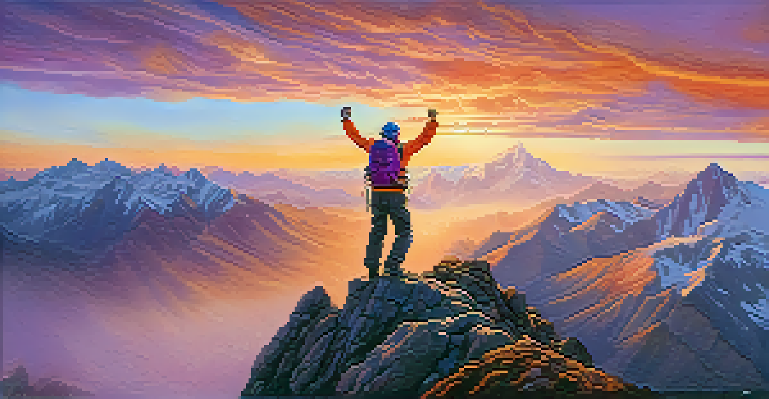 A mountain climber standing on a summit at sunrise with arms raised, overlooking a vast landscape.