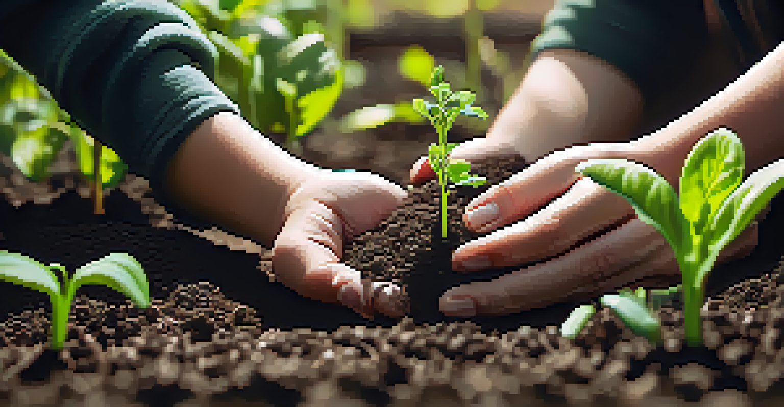Hands planting seeds in rich soil, with emerging sprouts, symbolizing growth in resilience and emotional intelligence.