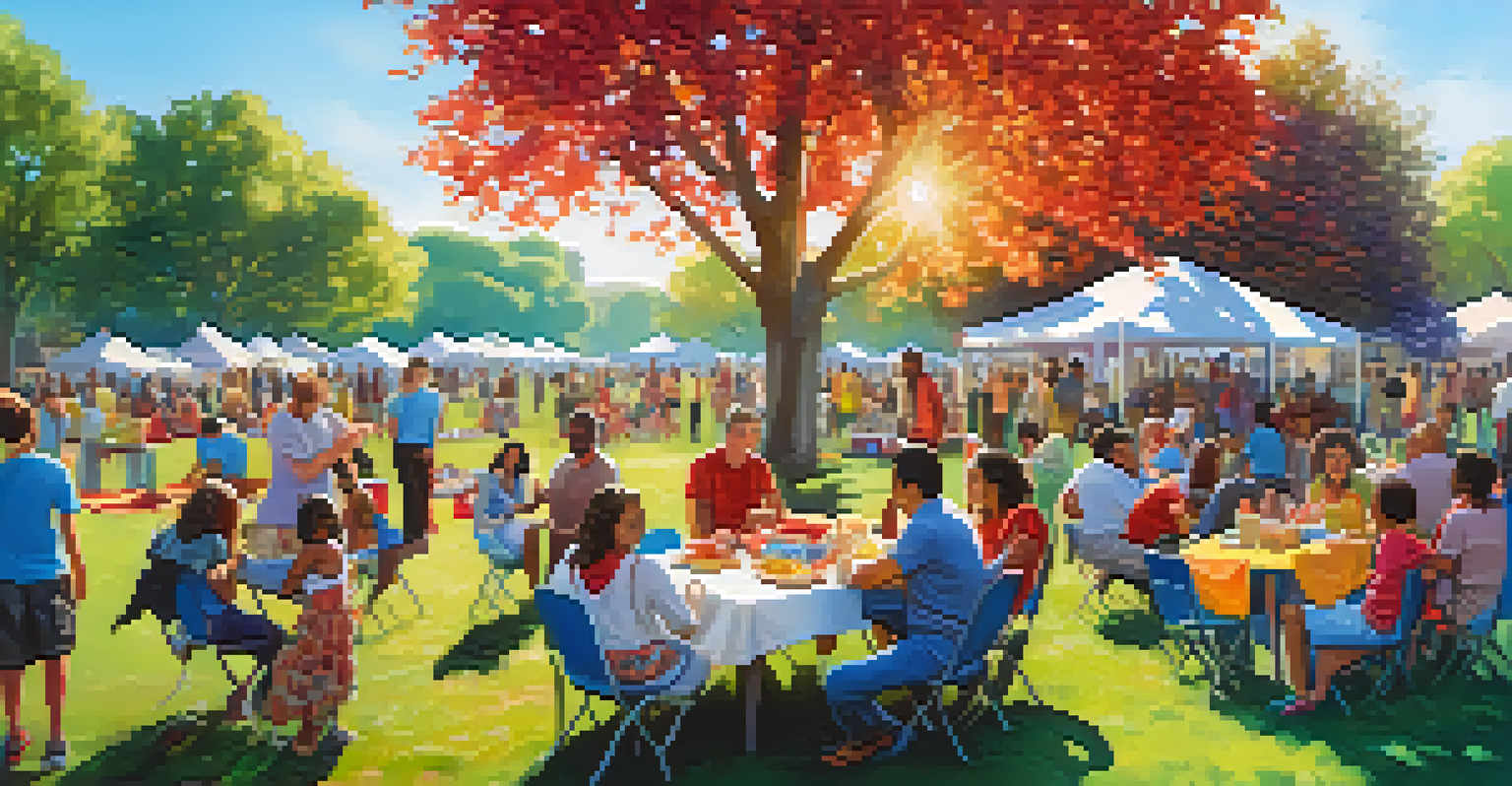 A diverse group of people enjoying a community gathering in a sunny park, with picnic blankets and laughter.