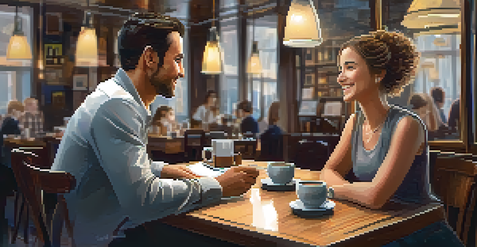 Two professionals engaged in small talk over coffee in a cozy café, with a warm ambiance and inviting decor.