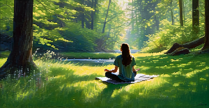 A person meditating in a peaceful forest surrounded by trees and wildflowers.