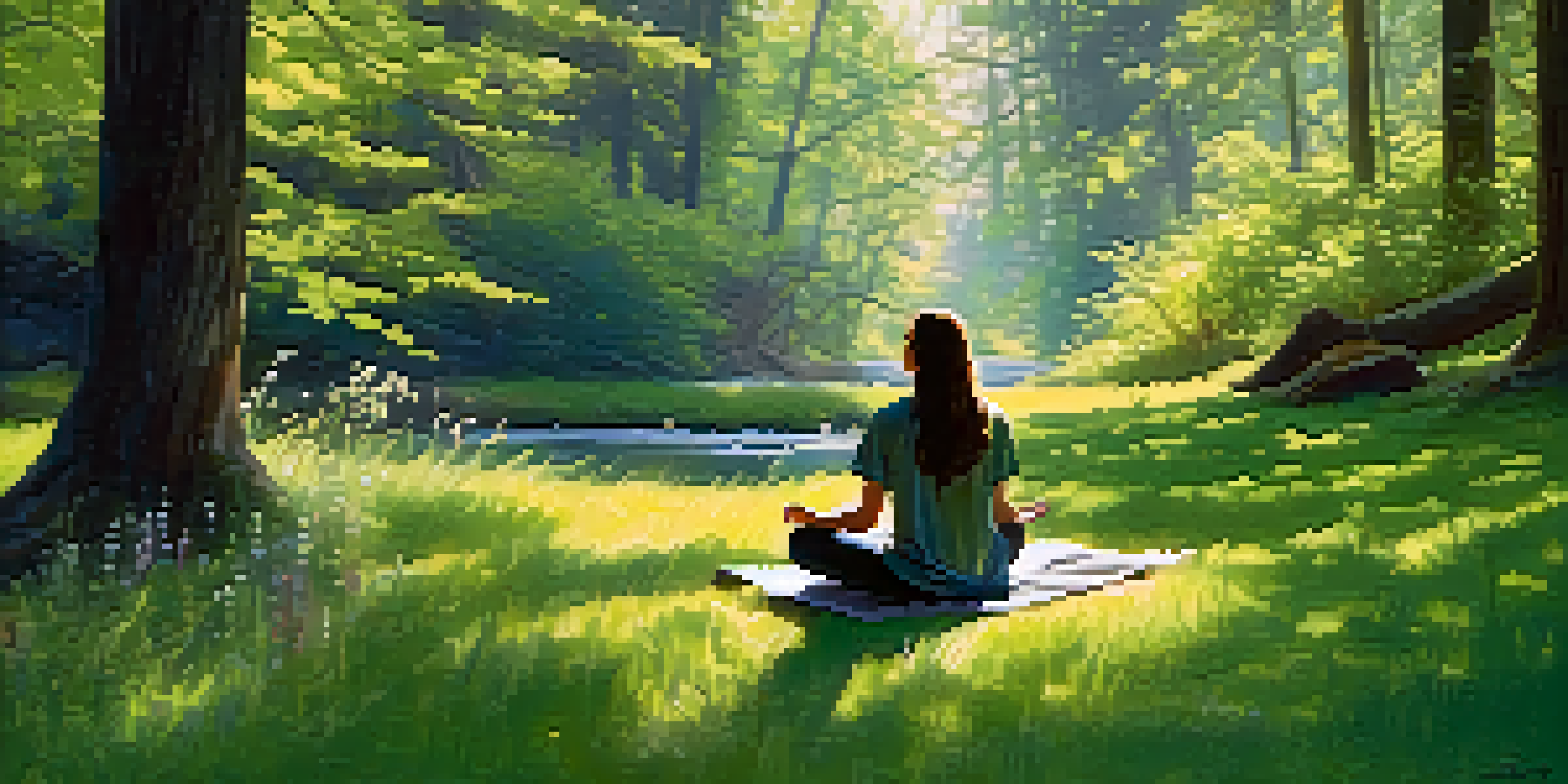 A person meditating in a peaceful forest surrounded by trees and wildflowers.