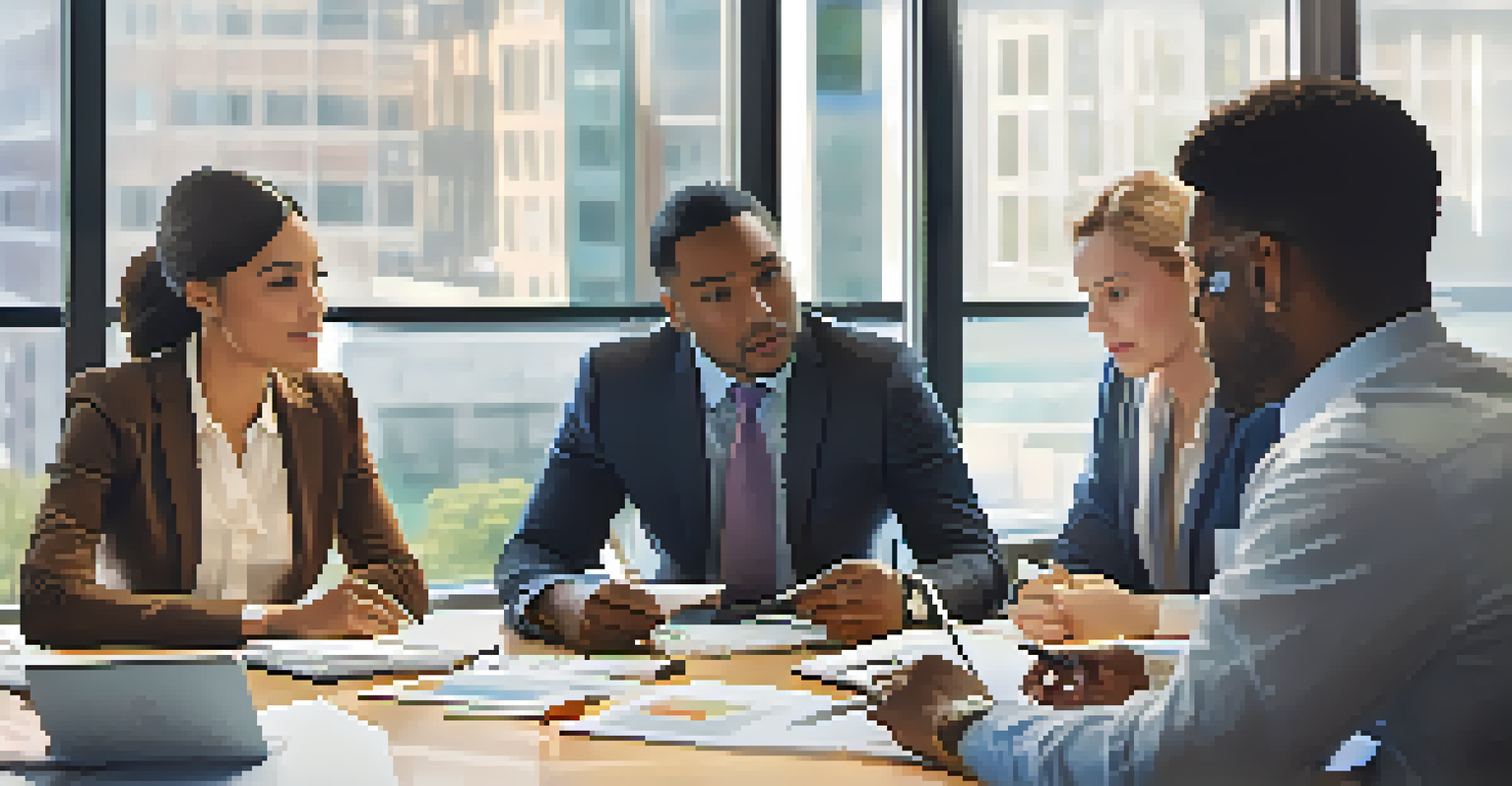 A diverse group of colleagues in a modern office, engaged in a collaborative meeting, actively listening and discussing ideas with smiles and focused expressions.