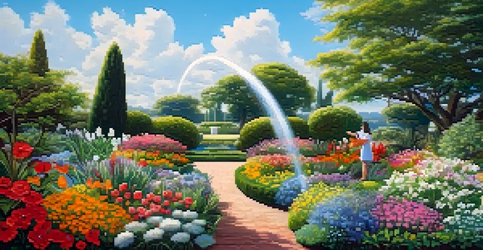 A person watering vibrant flowers in a serene garden under soft sunlight, with a clear blue sky in the background.