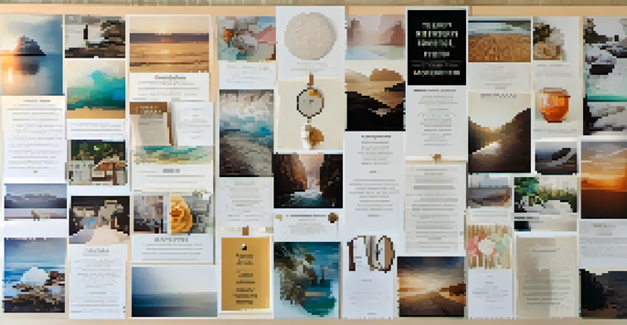 A colorful vision board featuring various images and motivational quotes, illuminated by soft natural light.