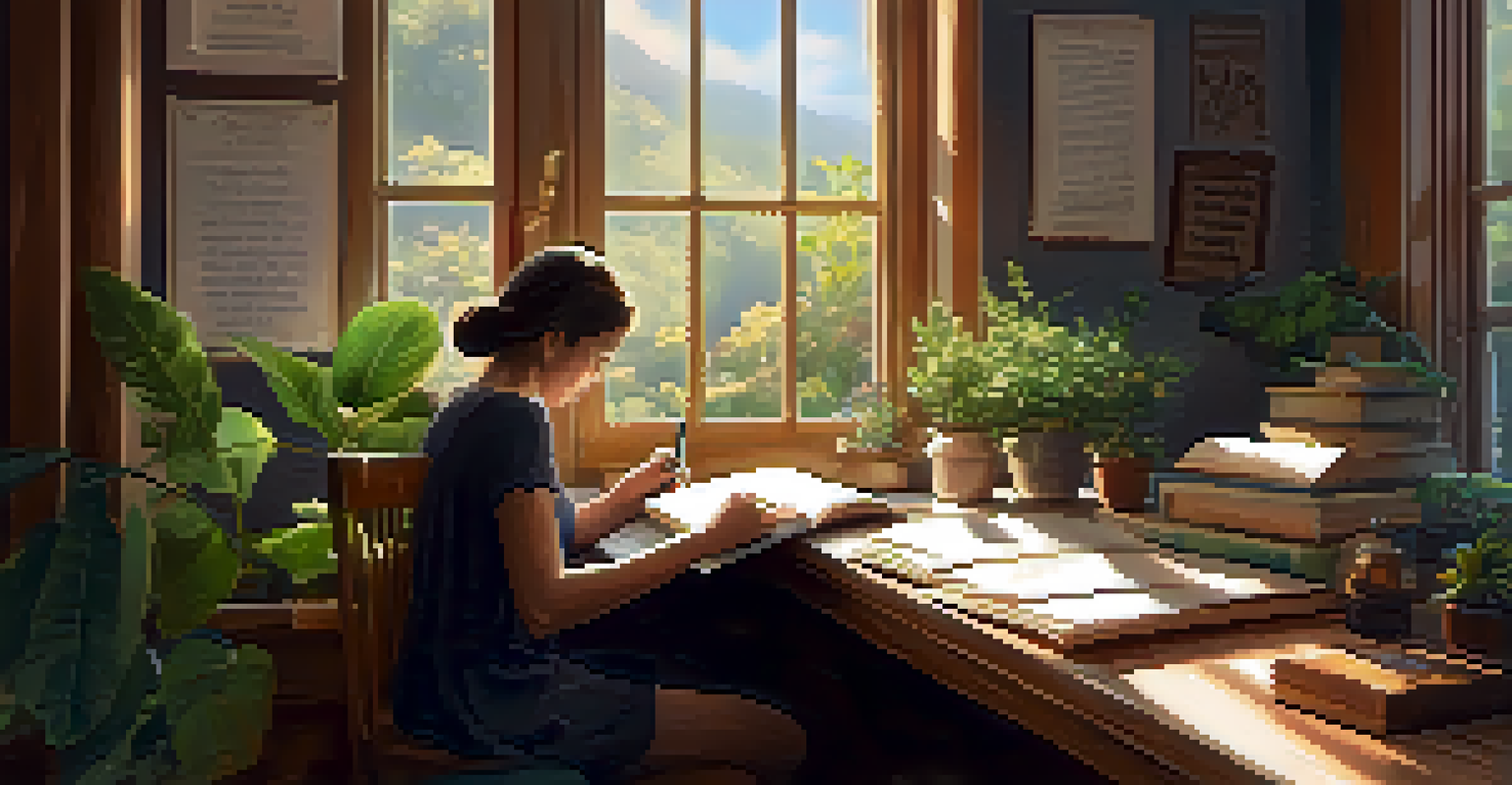 A cozy room with a desk, journal, and tea, where a person is writing and reflecting on their values.