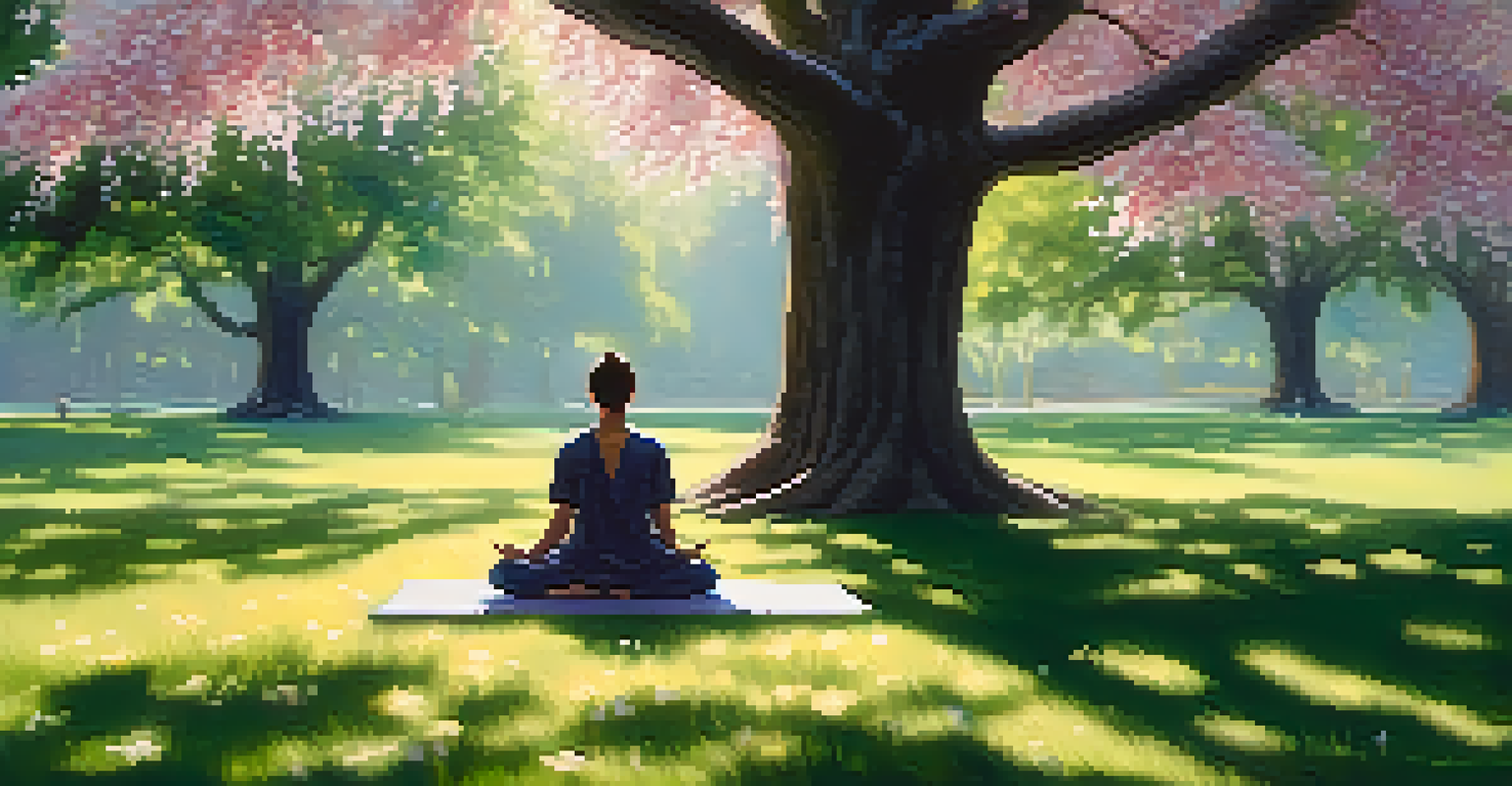 A person meditating in a peaceful park surrounded by flowers and trees, bathed in soft sunlight.