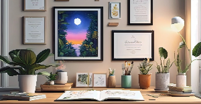 A vision board filled with images and quotes, illuminated by soft light in a cozy workspace.