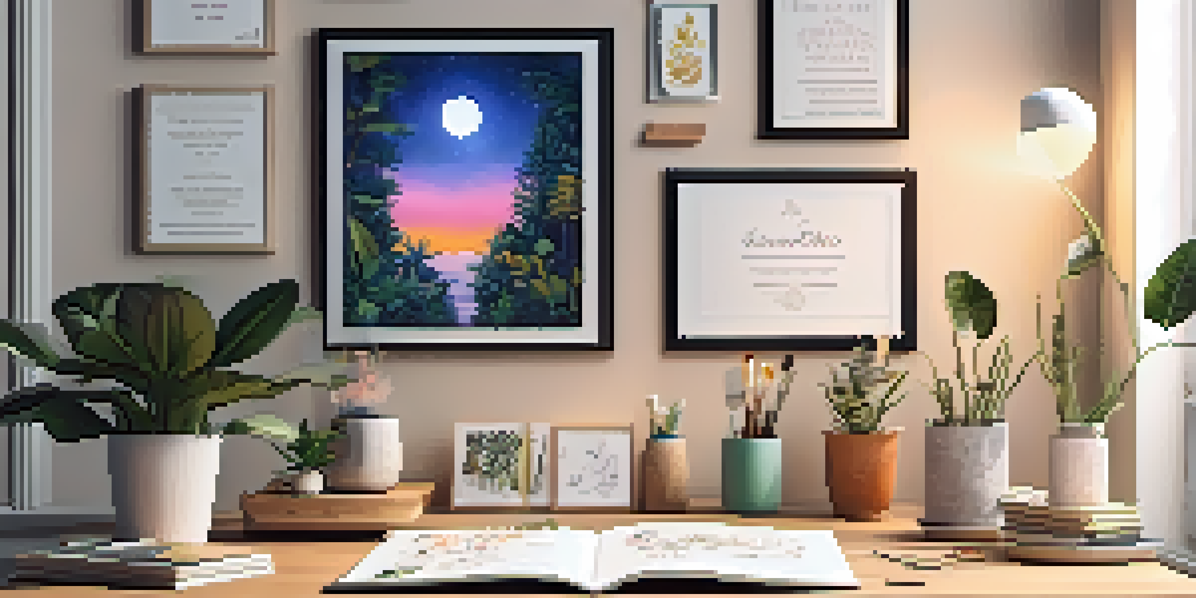 A vision board filled with images and quotes, illuminated by soft light in a cozy workspace.