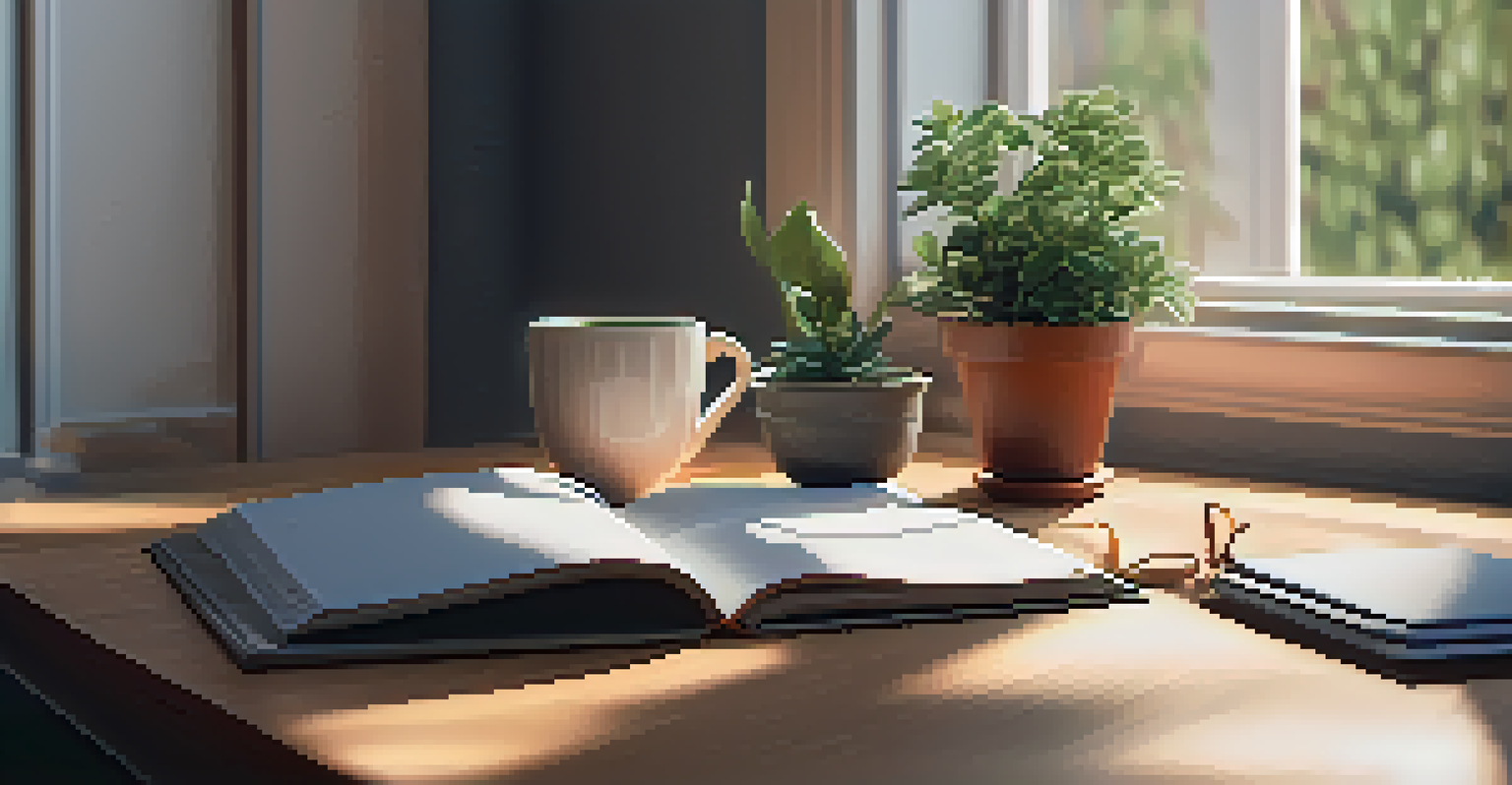 A cozy workspace for mindfulness featuring a journal, tea, and a plant, illuminated by soft afternoon light.