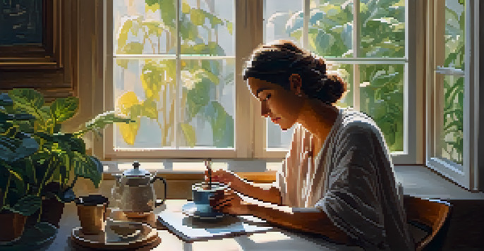 A person journaling in a cozy corner with sunlight and plants around them.