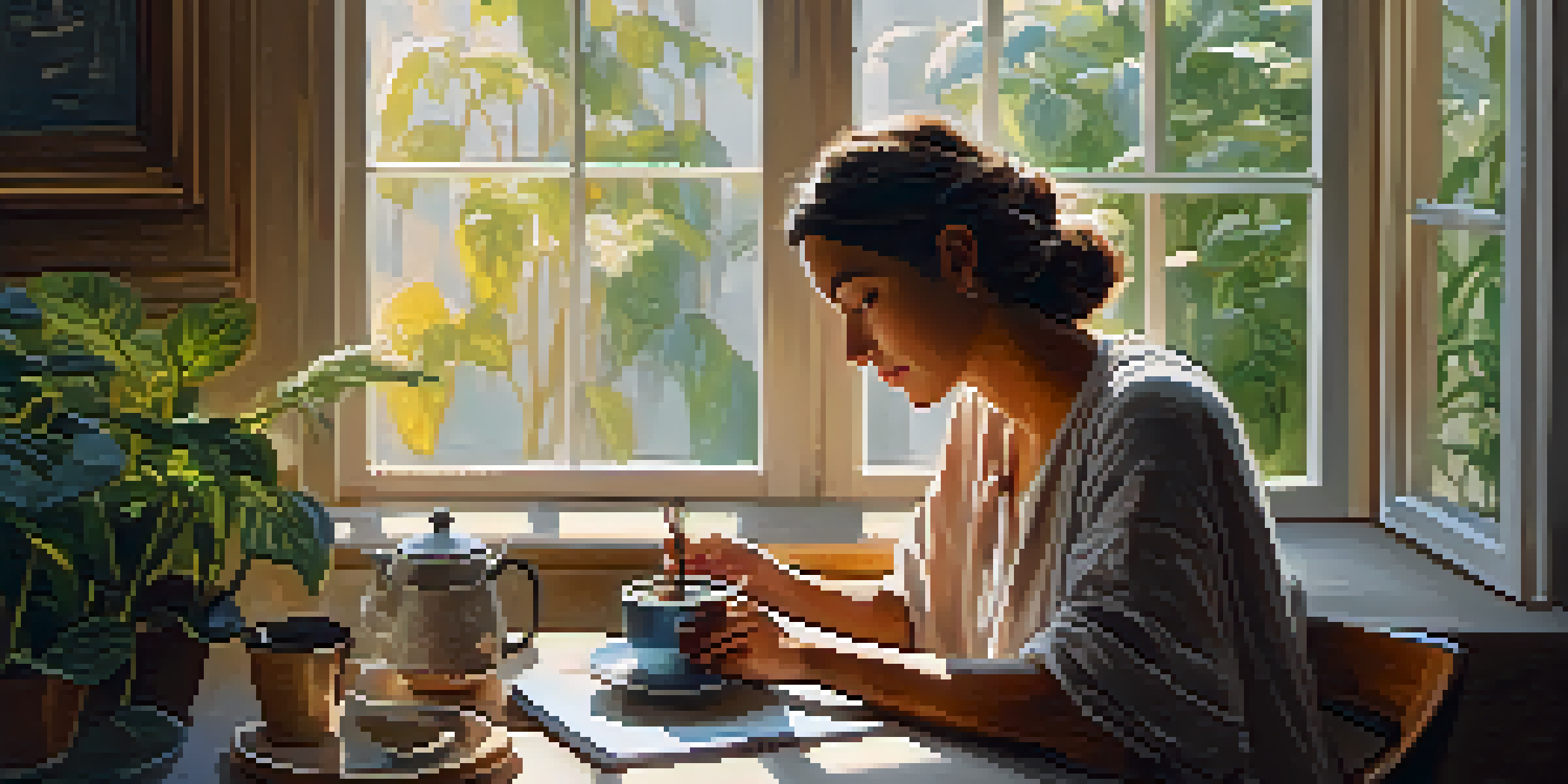 A person journaling in a cozy corner with sunlight and plants around them.