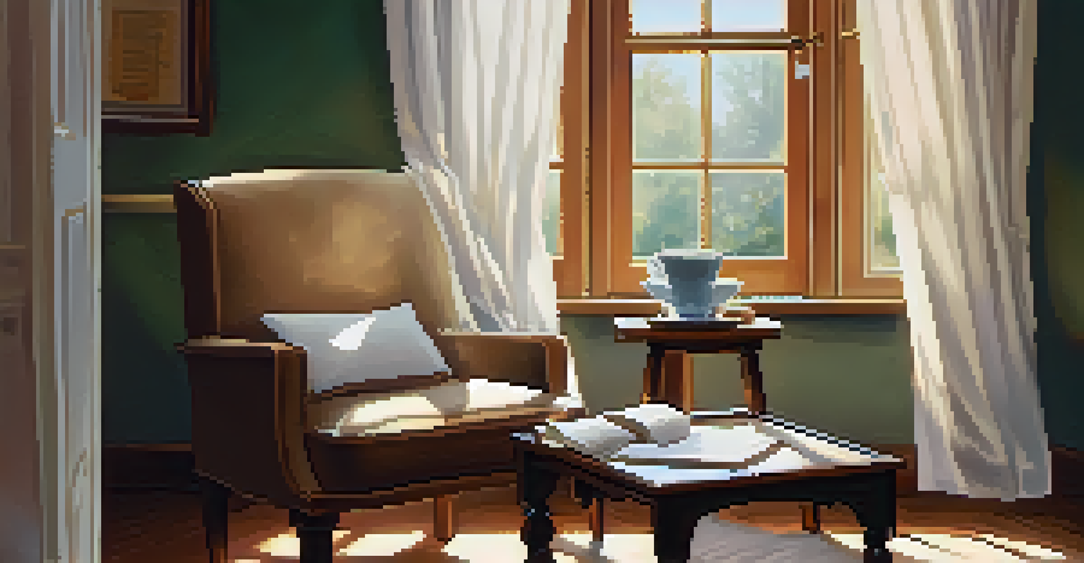 A cozy room with an armchair, a cup of tea, and an open journal, creating a peaceful atmosphere for self-reflection.