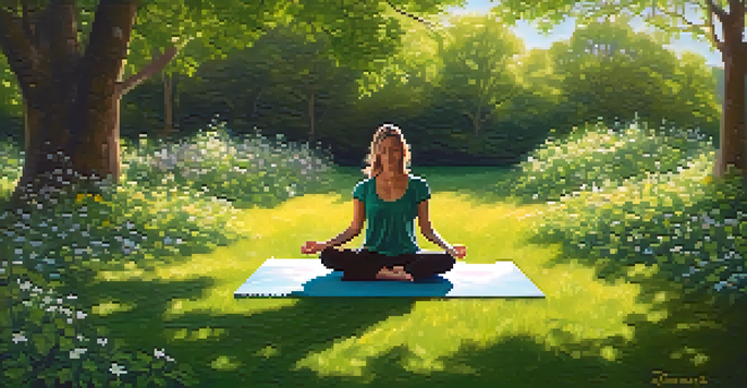 A person meditating on a yoga mat in a green park with sunlight filtering through the trees.