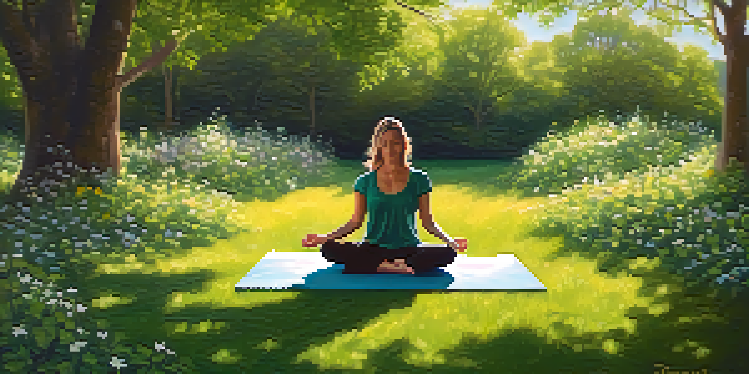 A person meditating on a yoga mat in a green park with sunlight filtering through the trees.