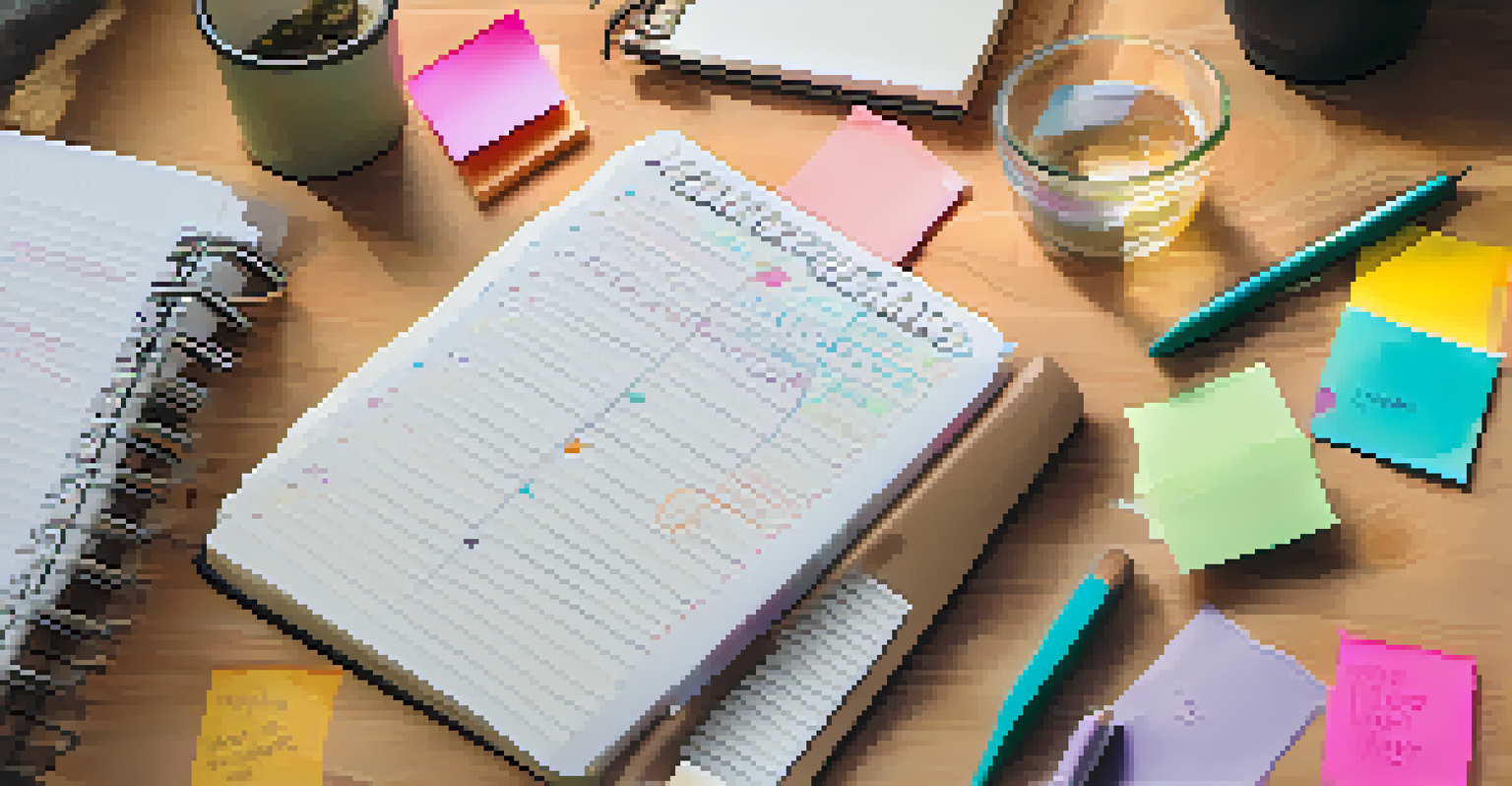 A close-up of a person writing in a planner with motivational quotes and colorful sticky notes around, focused on SMART goals.