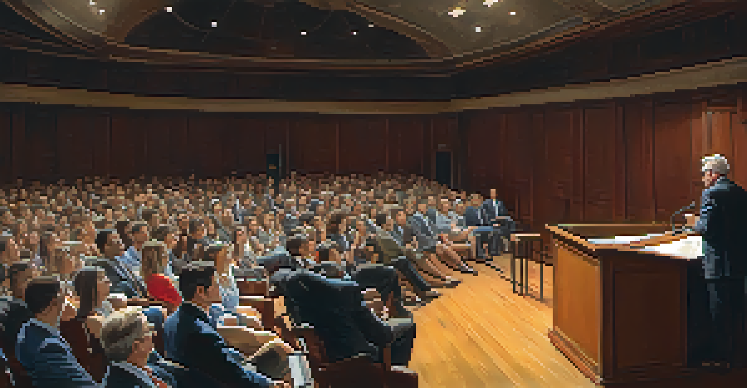 A speaker at a podium in an auditorium, addressing an attentive audience.