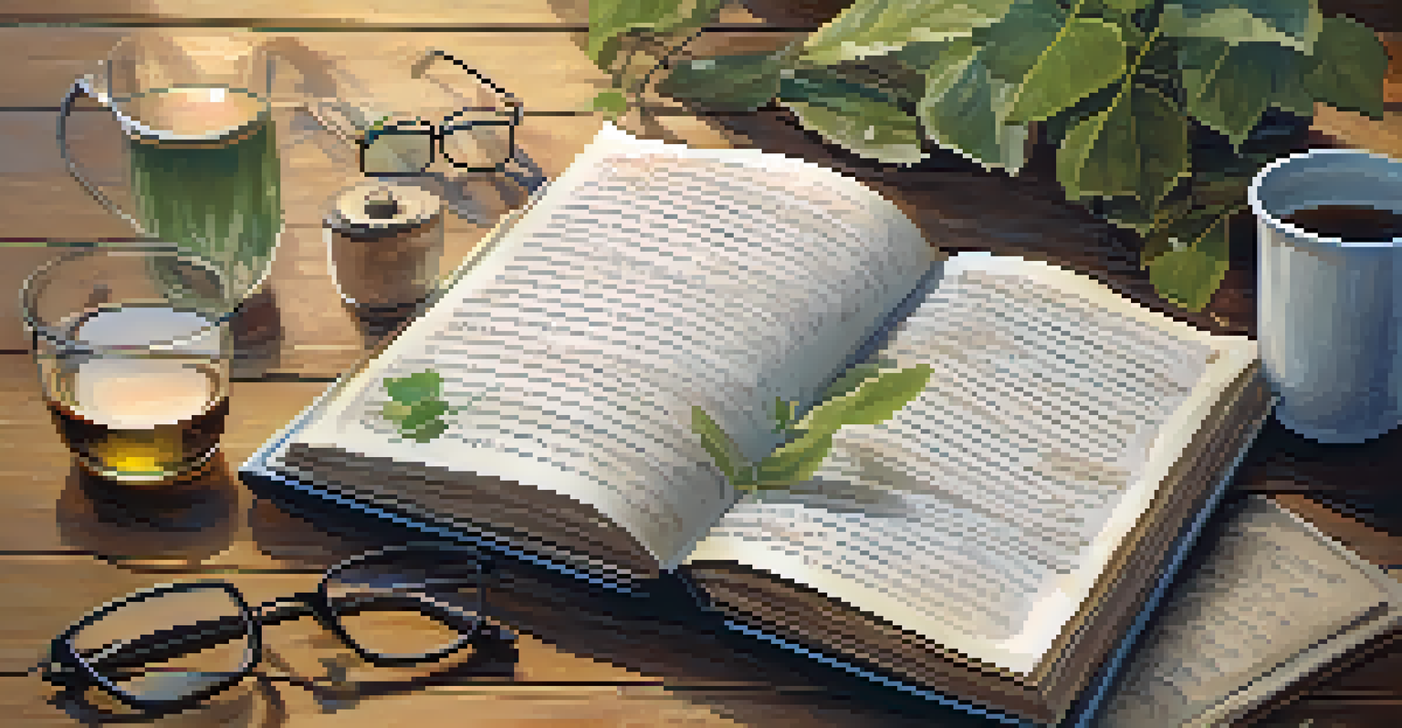 An open journal with handwritten goals on a rustic table, accompanied by a steaming cup of tea and reading glasses, creating a peaceful setting.