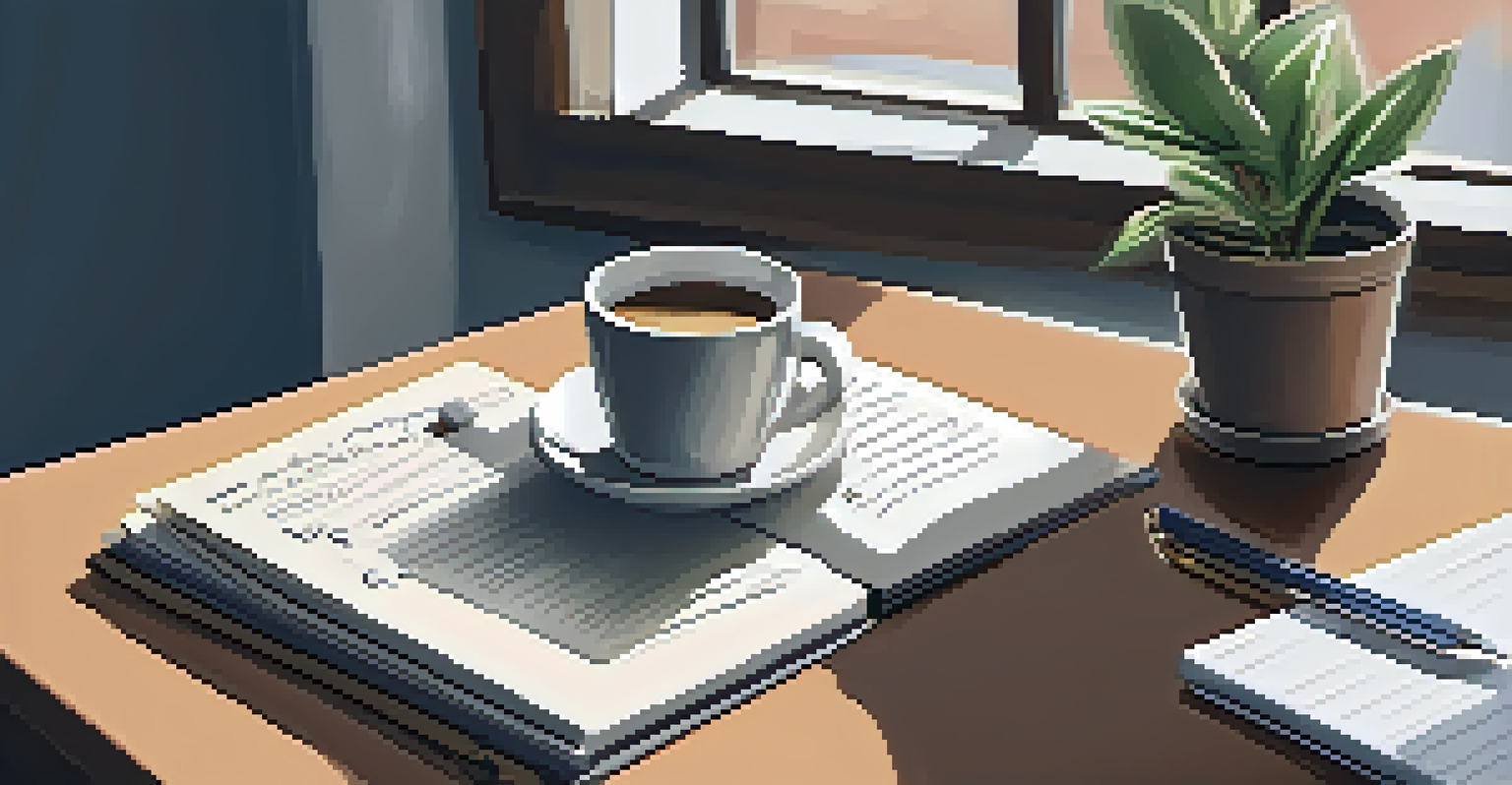 A close-up of a hand writing a pros and cons list on a notepad in a cozy workspace with coffee and a plant.