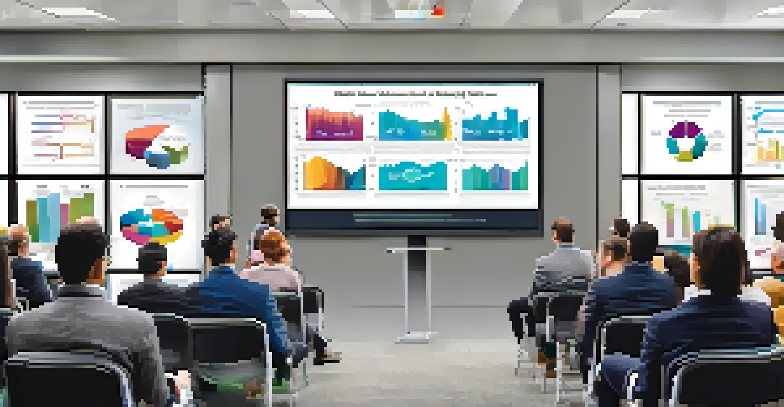 A modern conference room with a large screen displaying colorful infographics and charts, while attendees watch and take notes.