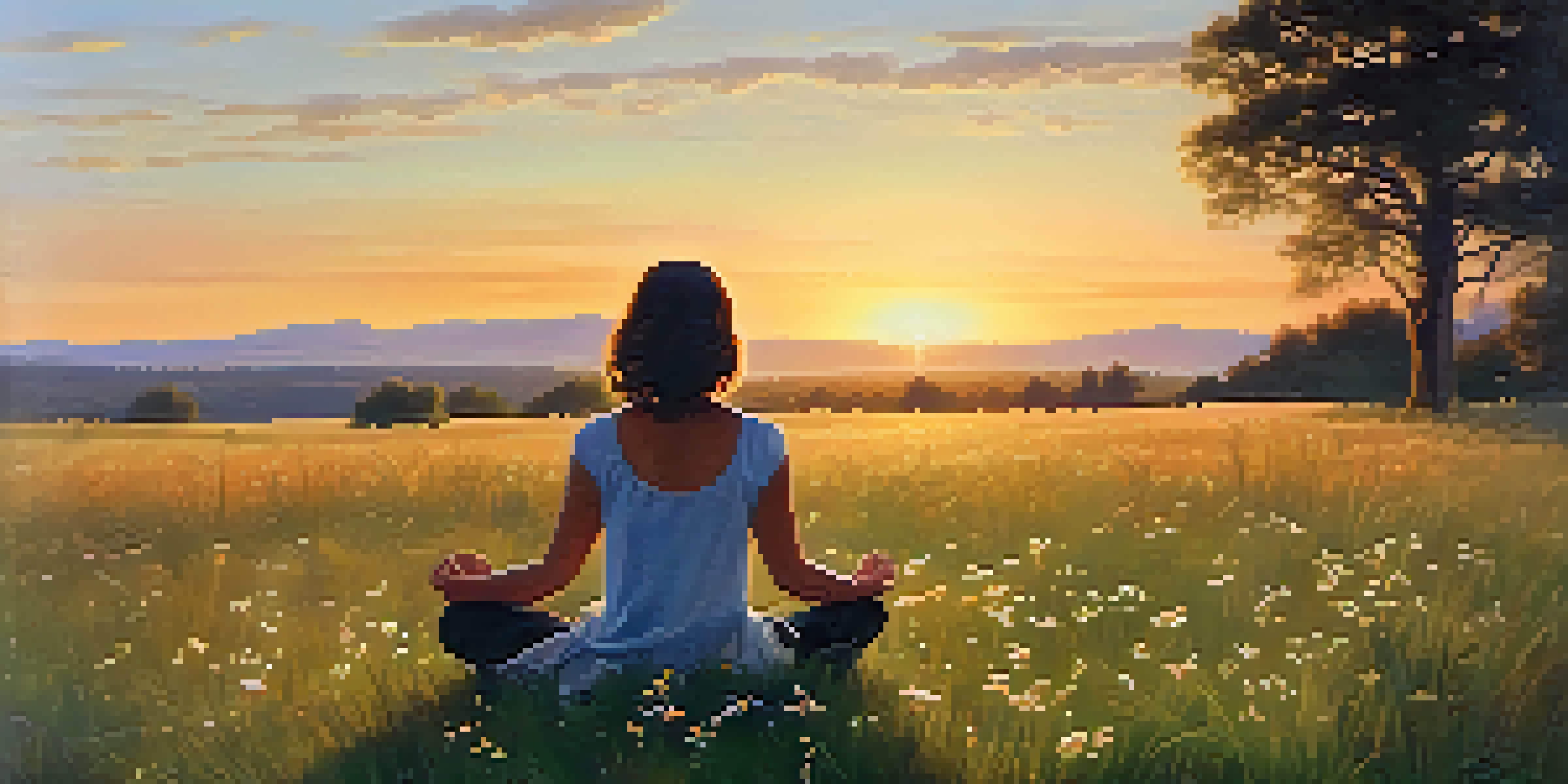 A person meditating on a grassy field during sunset, surrounded by wildflowers and trees.