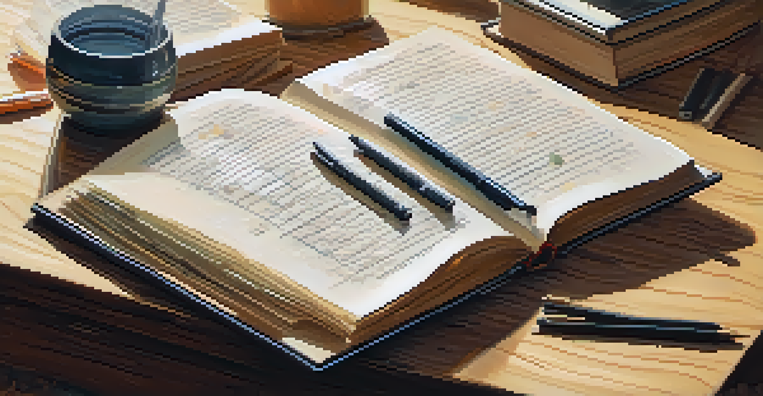 An open book on a wooden table surrounded by stationery, illuminated by soft natural light.